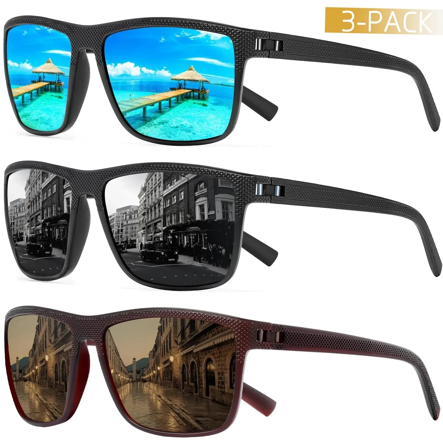 3PCS Square Polarized Sunglasses