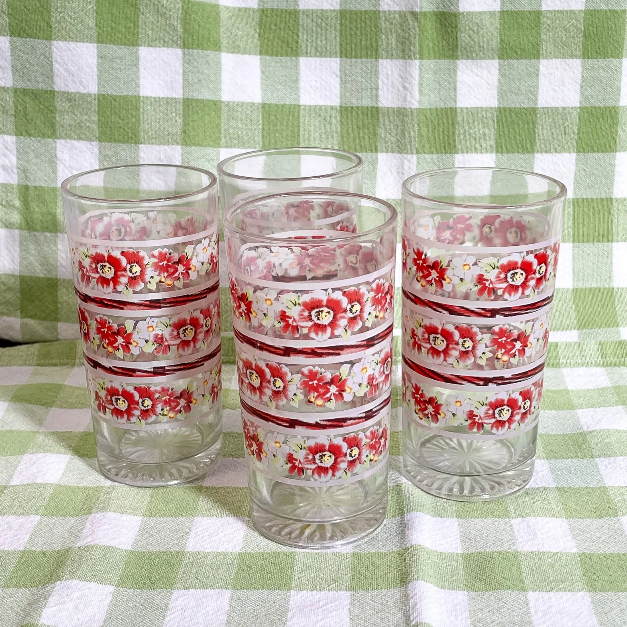 4 Vintage Flower Print Small Drinking Glasses, Set of 4 Juice Glasses