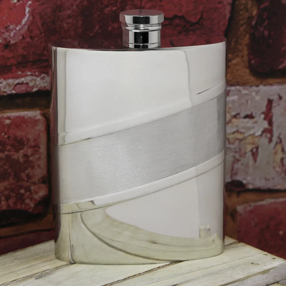 6oz Pewter Hip Flask with Diagonal Satin Band