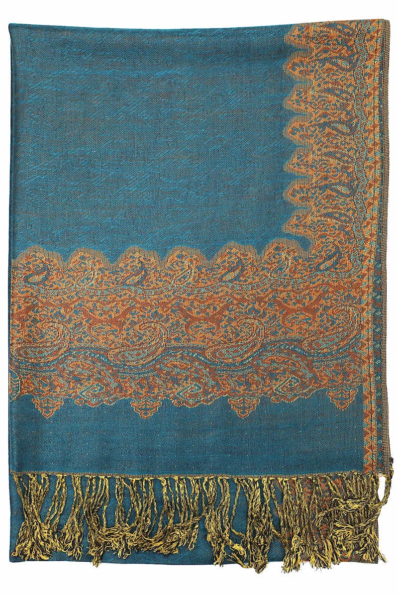 Achillea Teal Border Pashmina Shawl Wrap Scarf