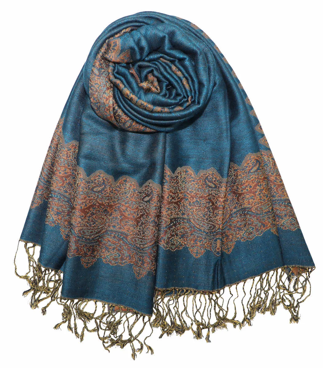 Achillea Teal Border Pashmina Shawl Wrap Scarf