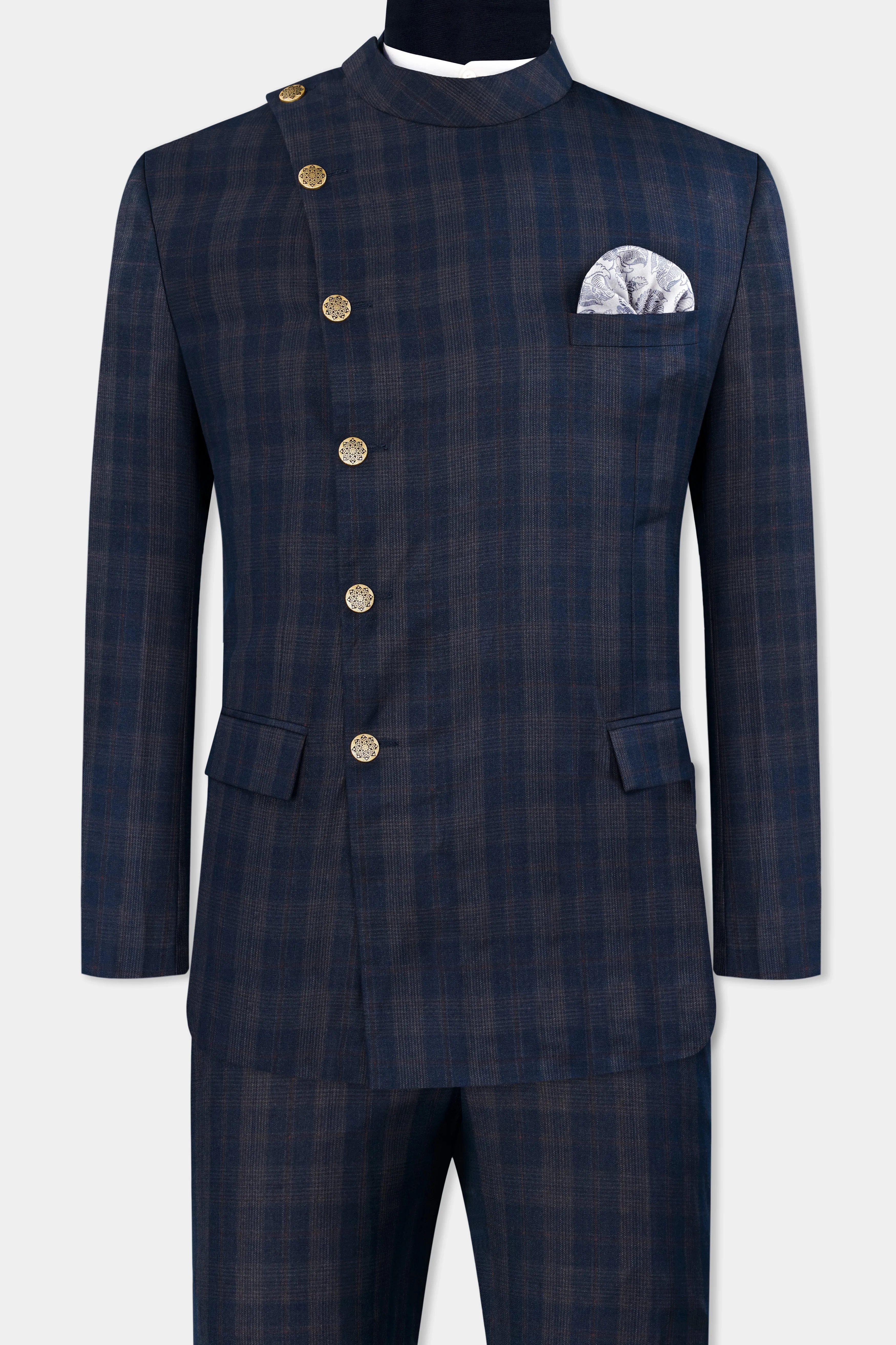 Admiral Blue and Cinereous Brown Plaid Wool Rich Cross Placket Bandhgala Suit