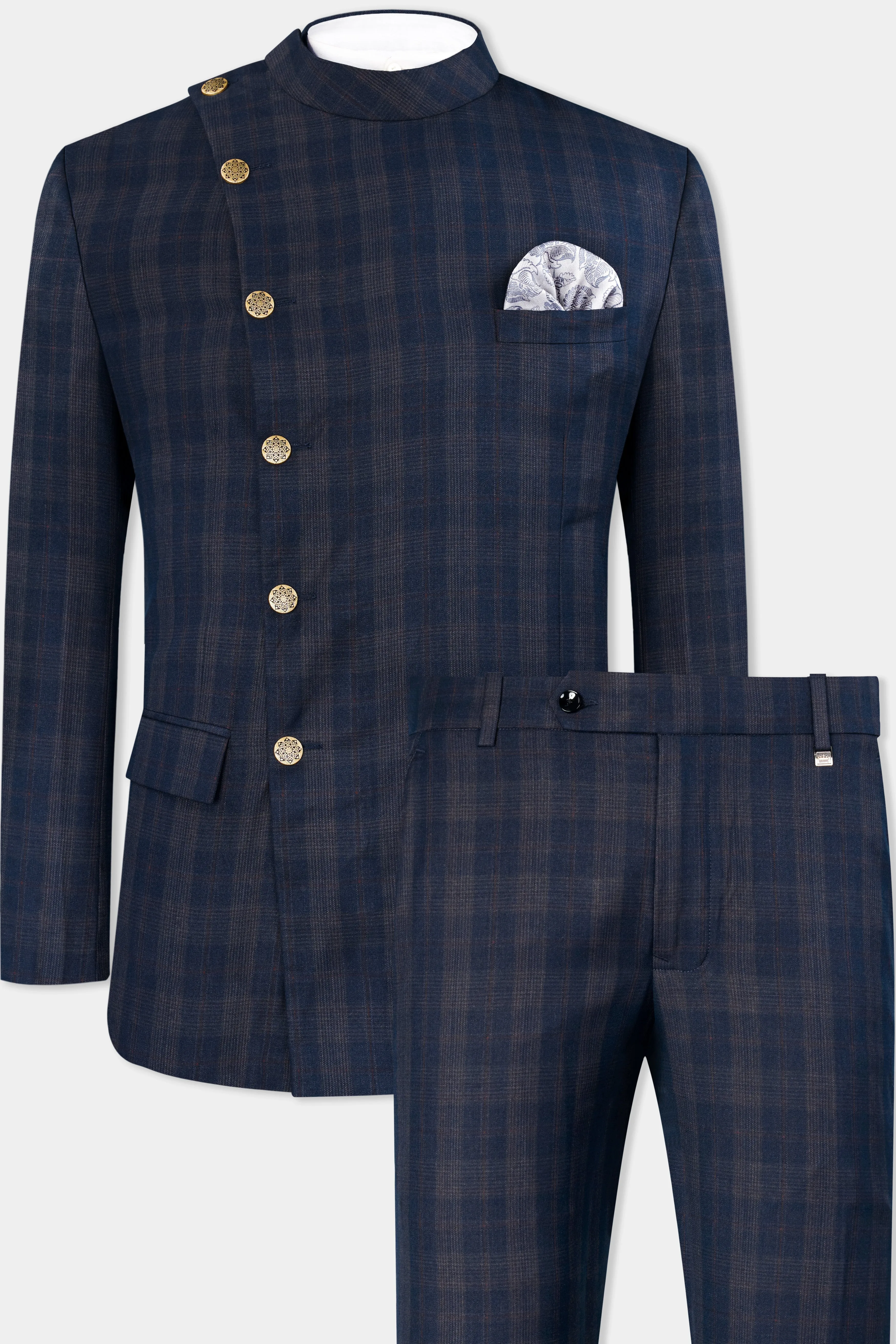 Admiral Blue and Cinereous Brown Plaid Wool Rich Cross Placket Bandhgala Suit