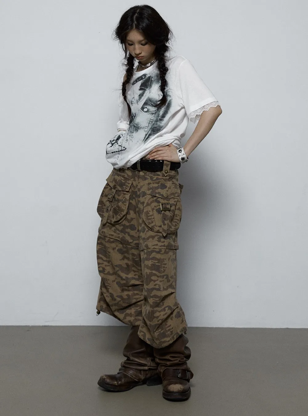 American Retro Loose Camouflage Two-wear Cropped Pants NOR0061