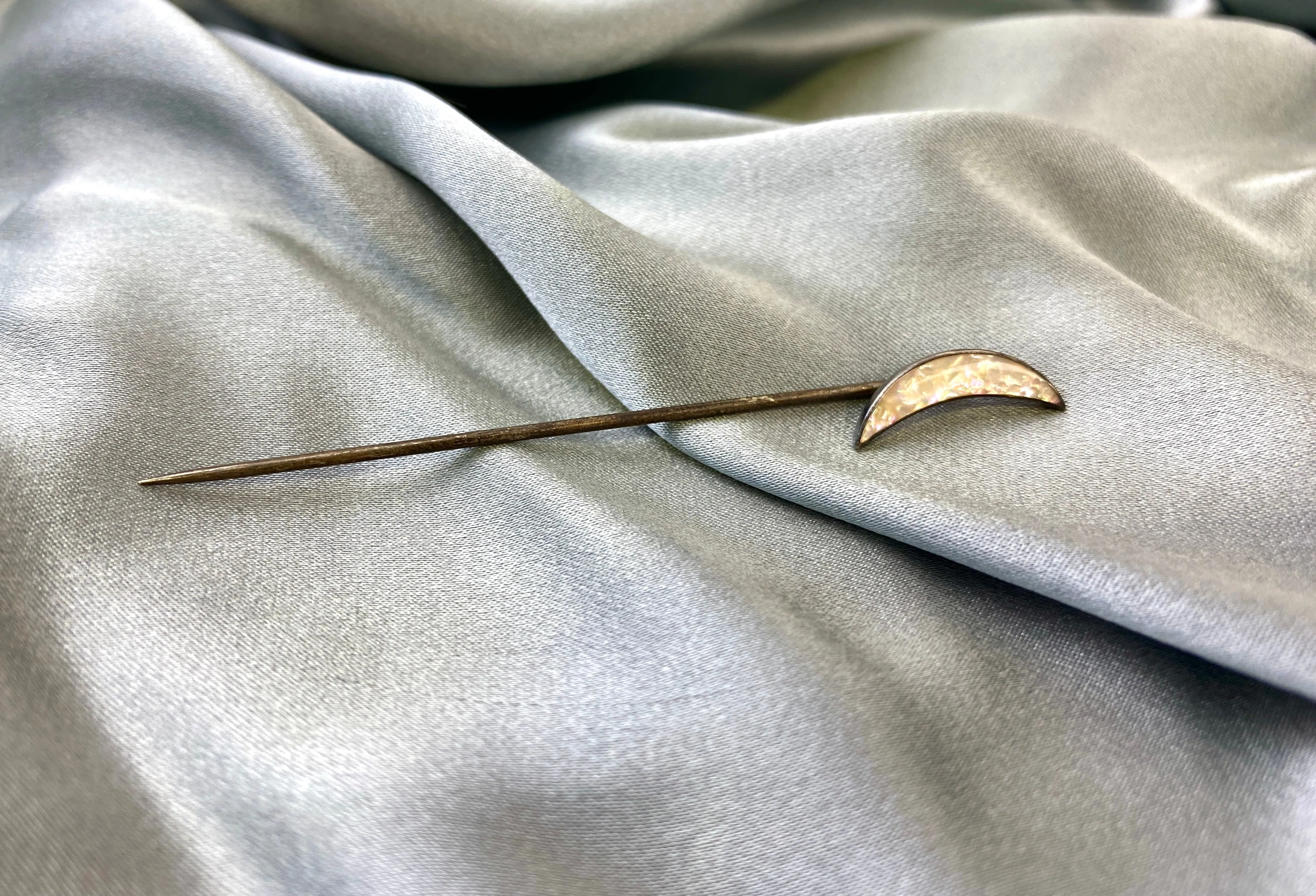 Antique 1910s Crescent Moon Abalone Shell Stick Hat Pin