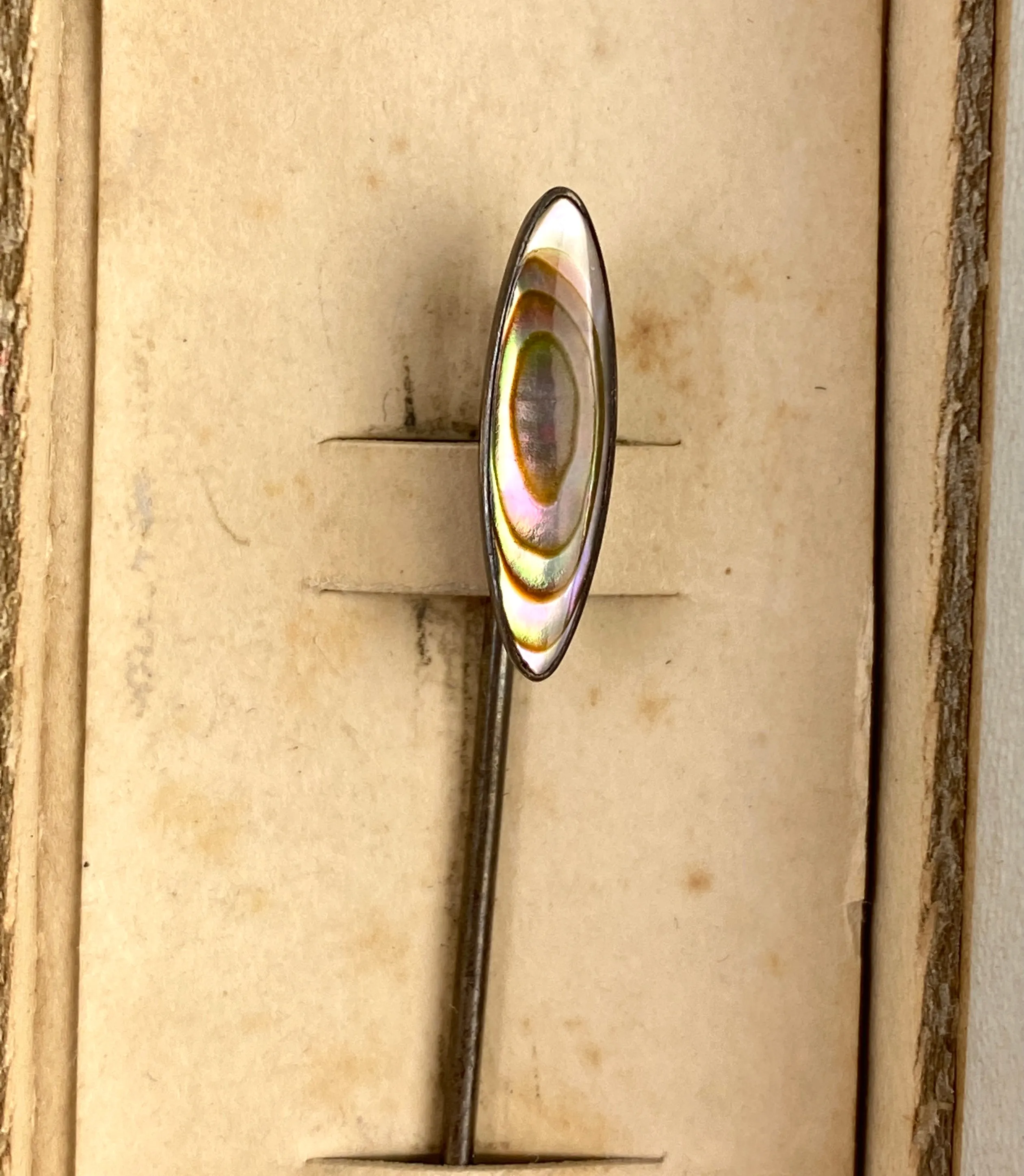 Antique 1910s Oblong Abalone Shell Silver Stick Hat Pin