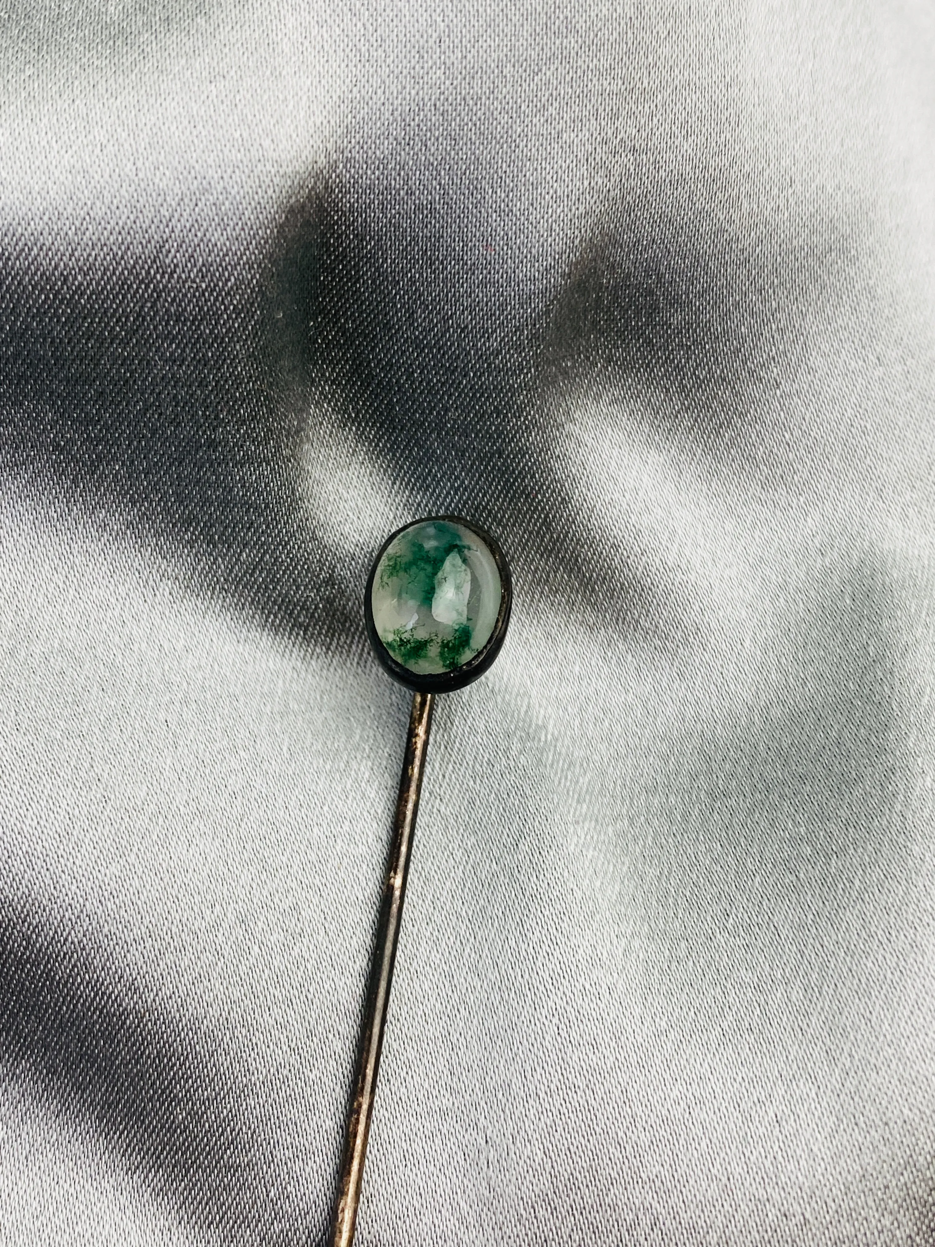 Antique 1910s Small Oval Clear Green-Speckled Glass Stick Hat Pin