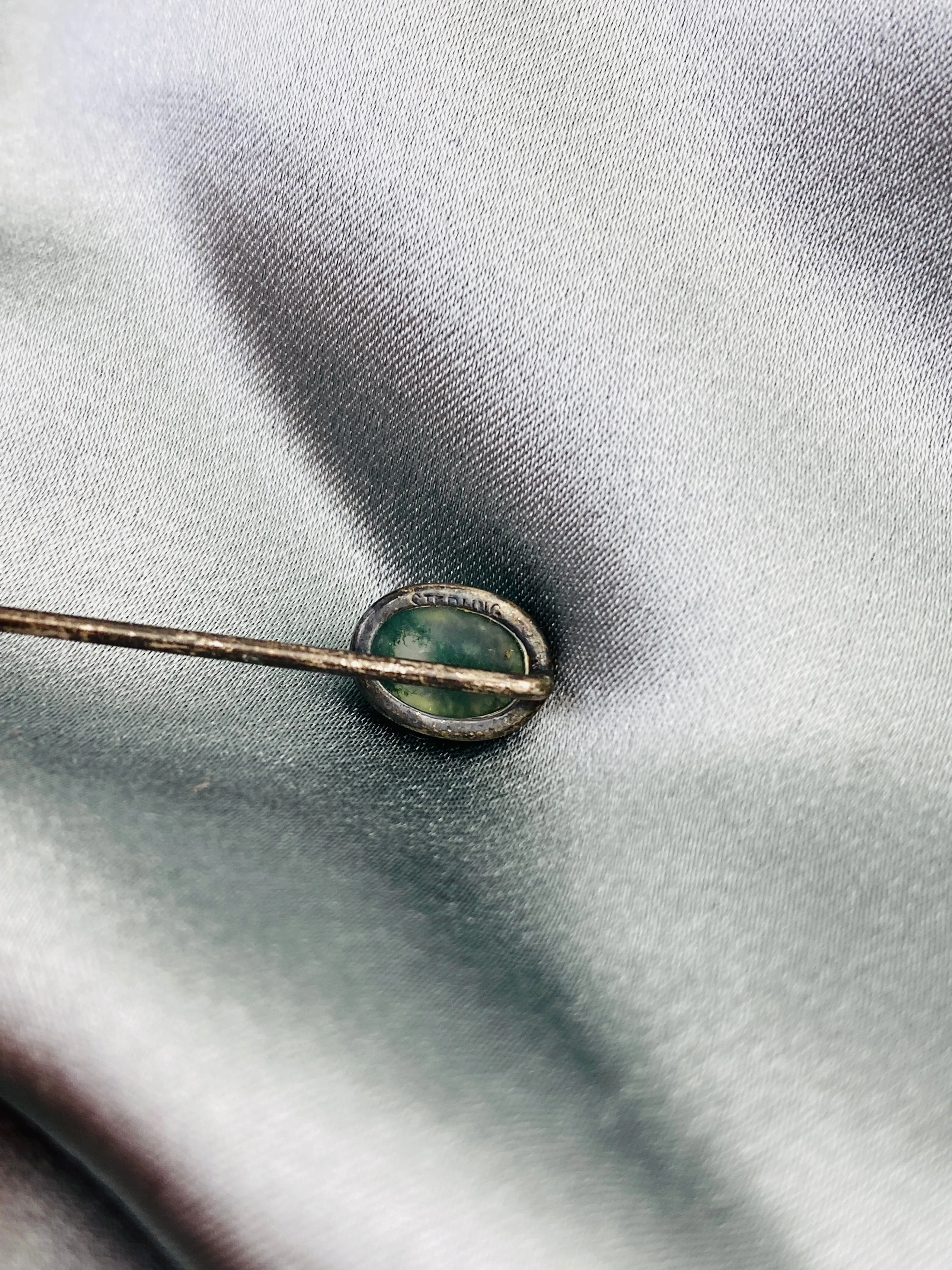 Antique 1910s Small Oval Clear Green-Speckled Glass Stick Hat Pin