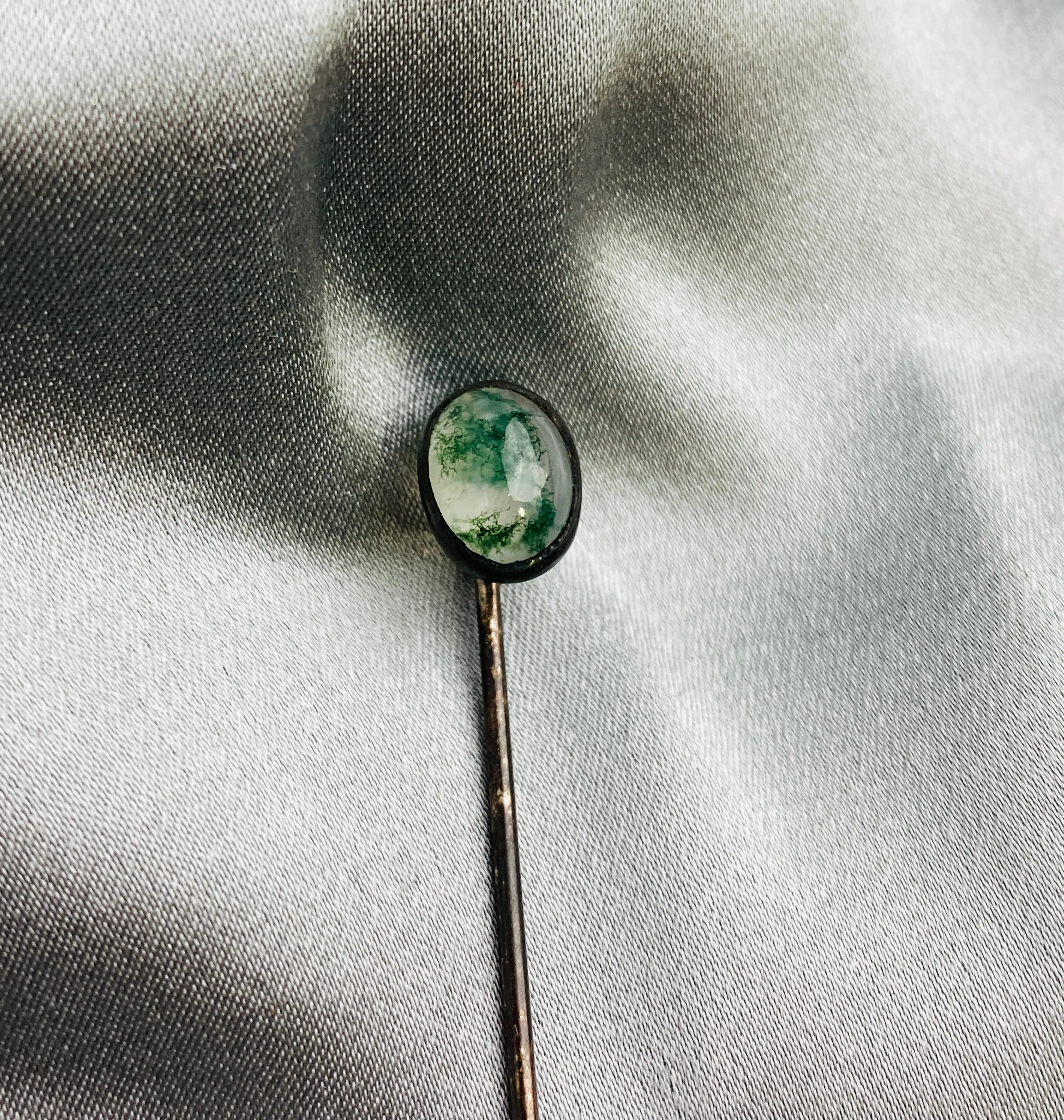 Antique 1910s Small Oval Clear Green-Speckled Glass Stick Hat Pin