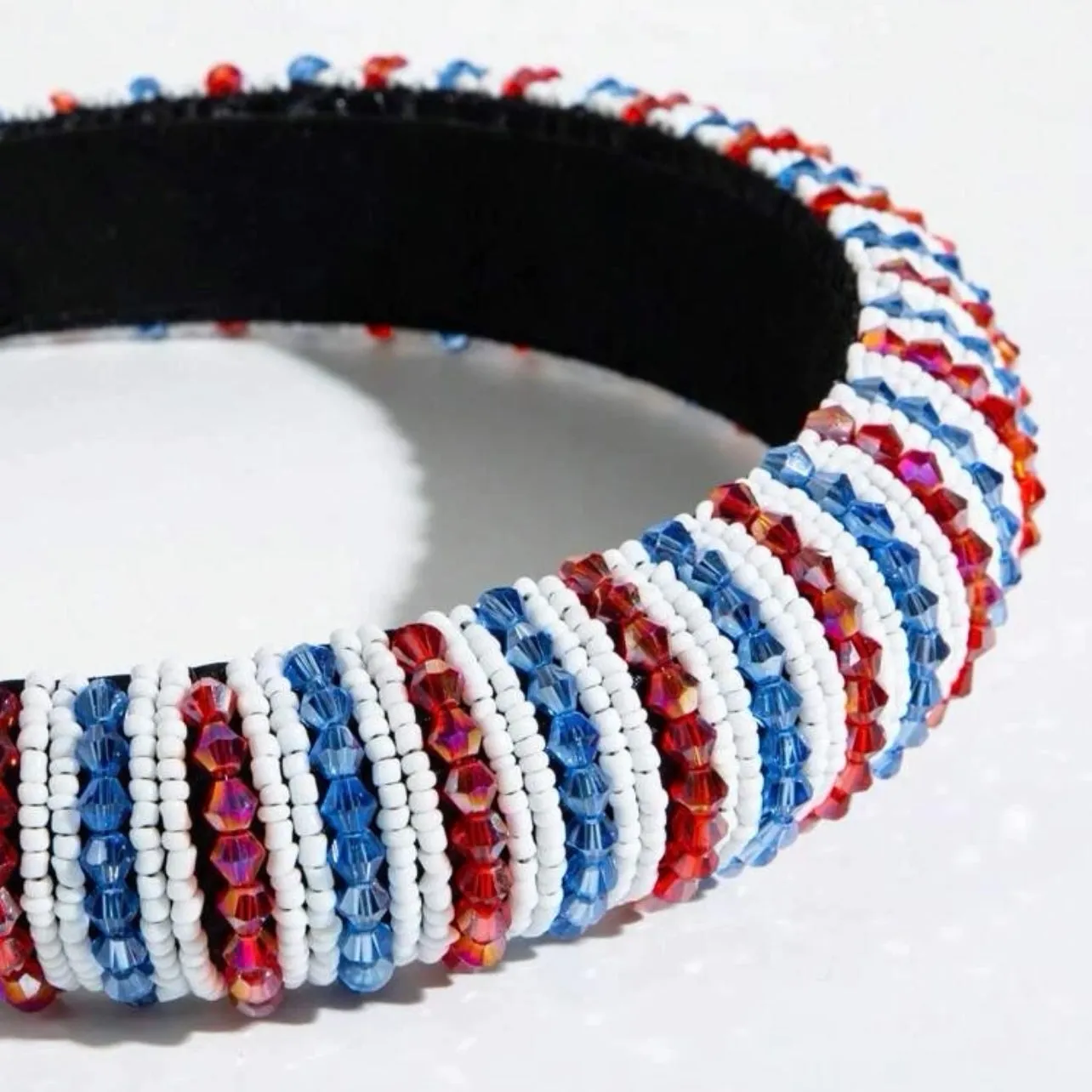 Beaded Patriotic Headband - Handmade Headpiece, Red White and Blue, Stars and Stripes, Military Mom