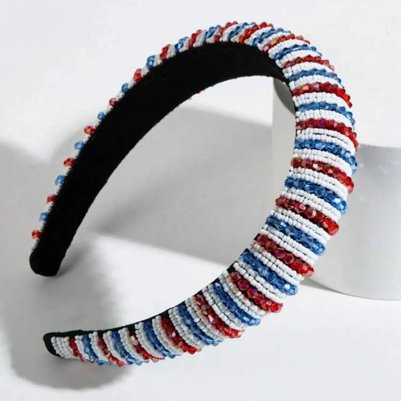 Beaded Patriotic Headband - Handmade Headpiece, Red White and Blue, Stars and Stripes, Military Mom