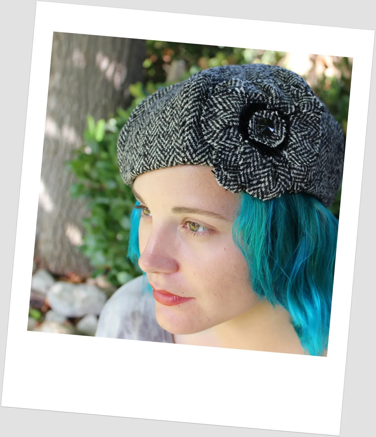 Beret Hat Flower Black White Herringbone Wool