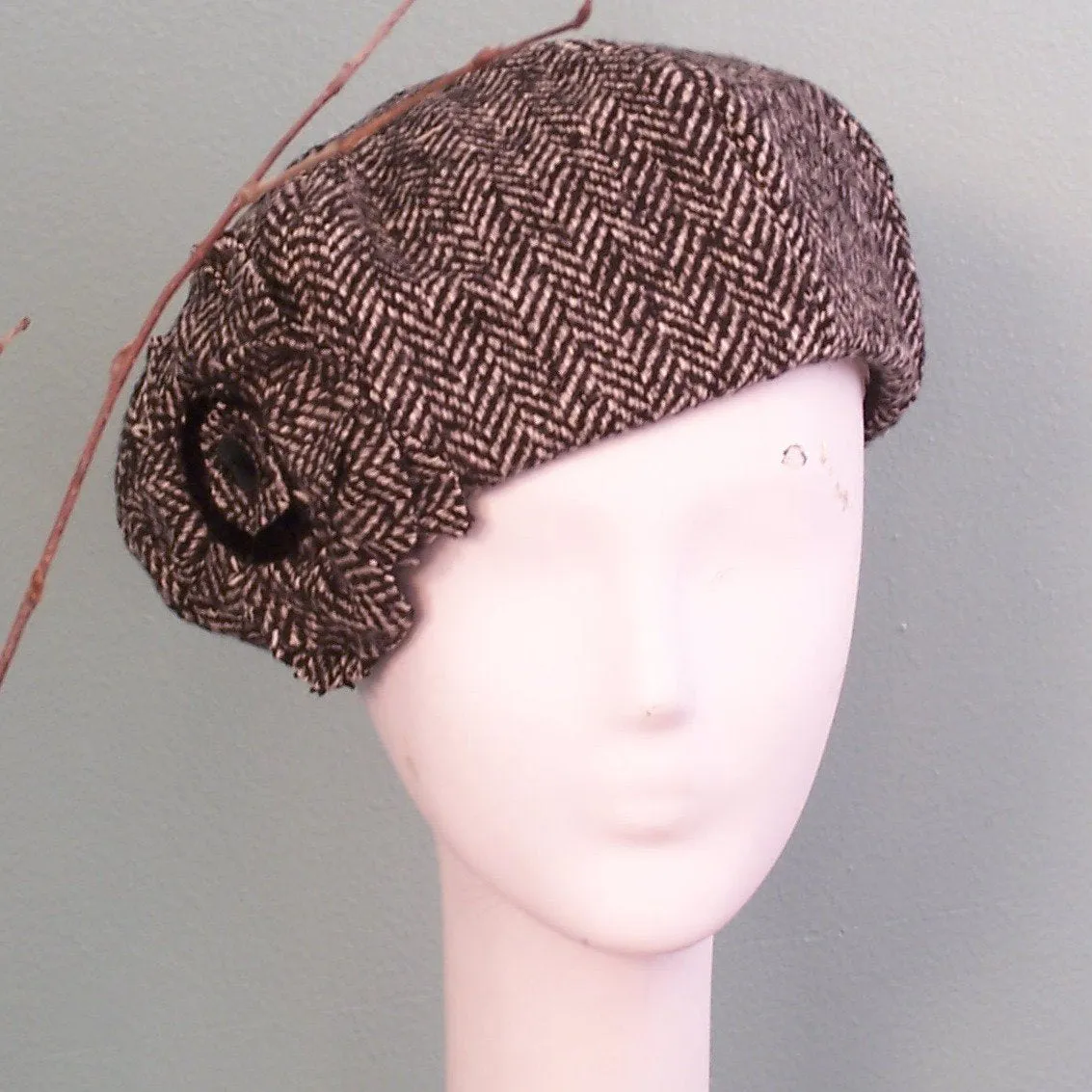 Beret Hat Flower Black White Herringbone Wool