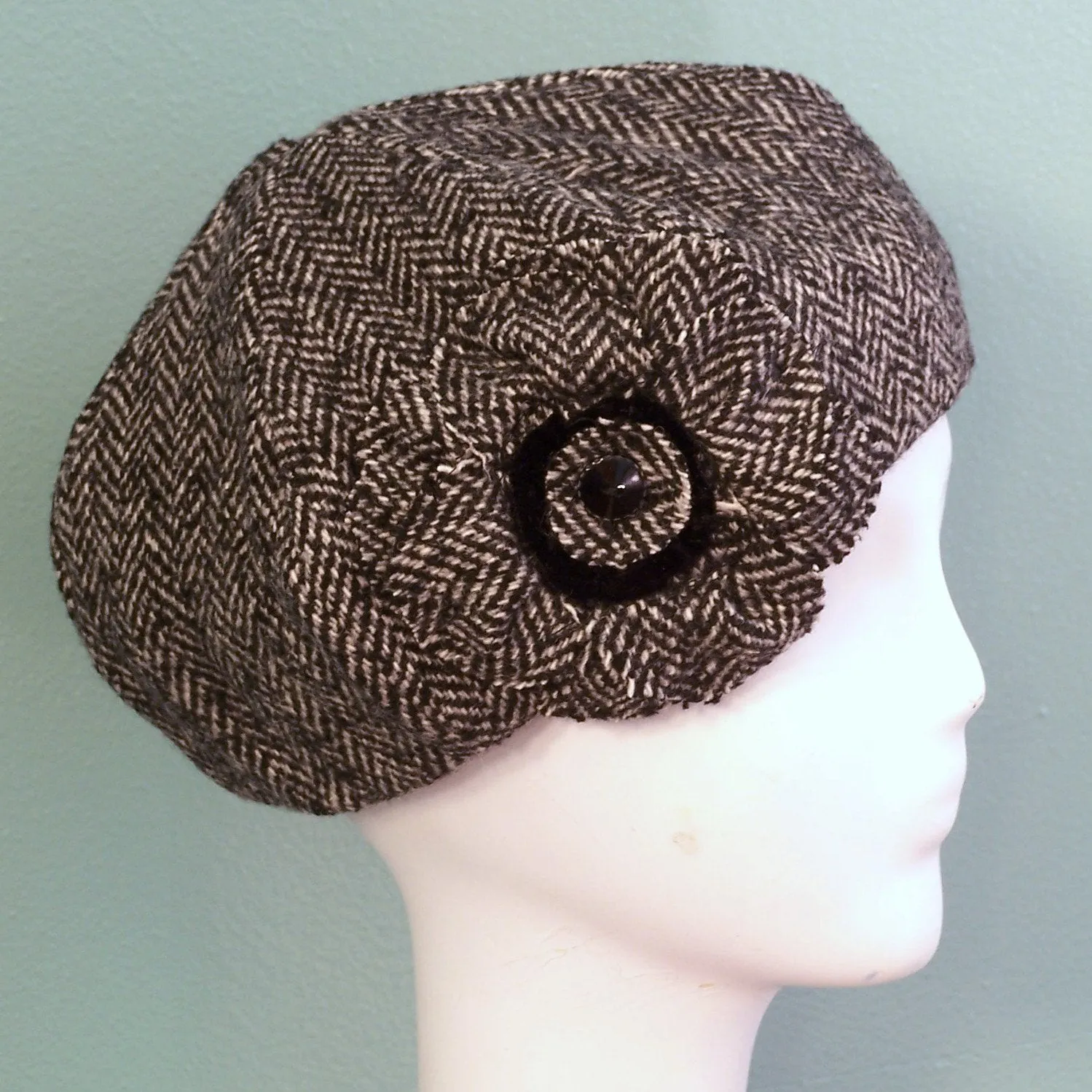 Beret Hat Flower Black White Herringbone Wool