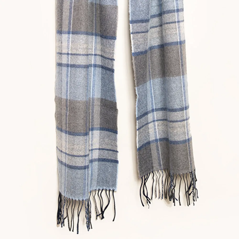 Blue & Grey Check Merino Wool Scarf