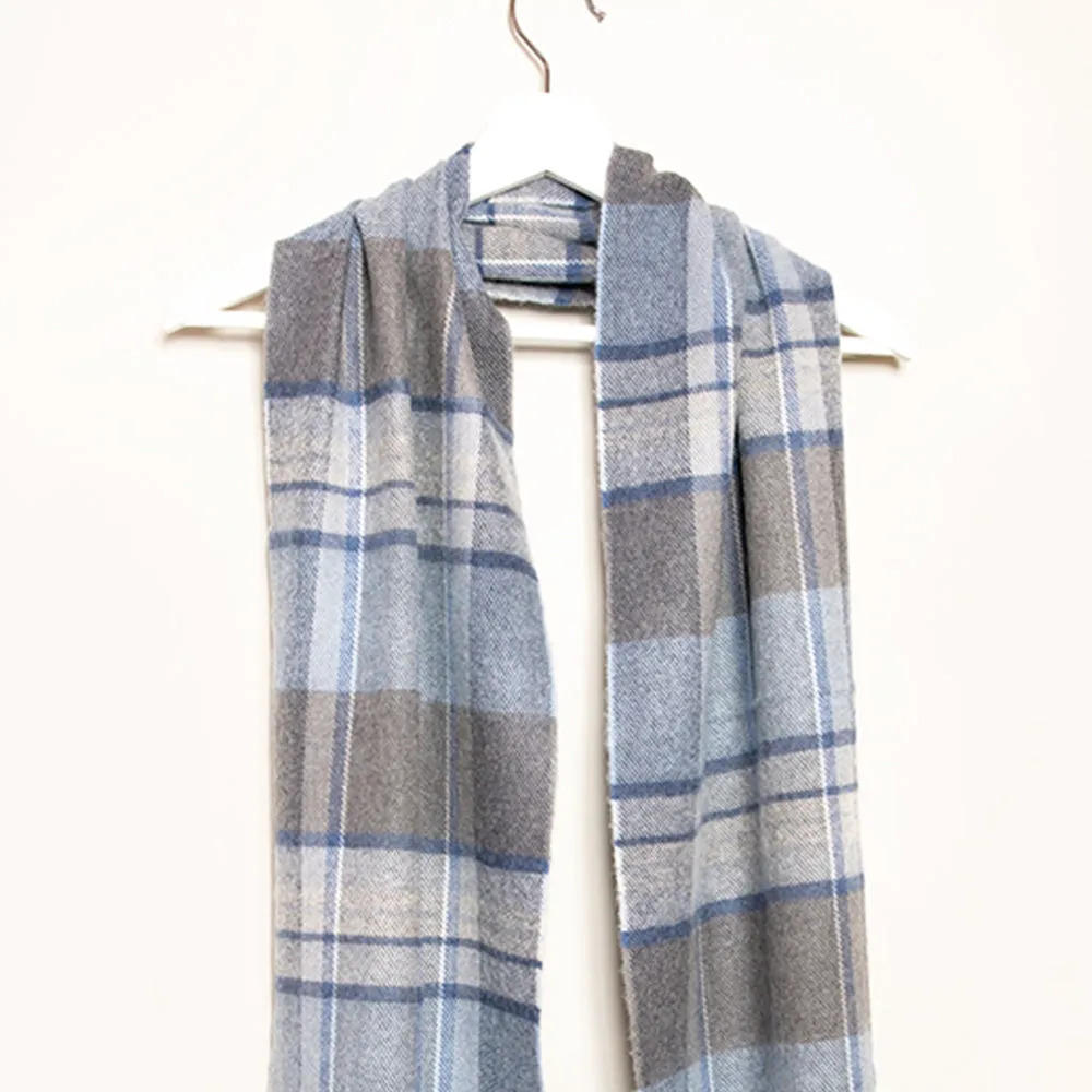 Blue & Grey Check Merino Wool Scarf