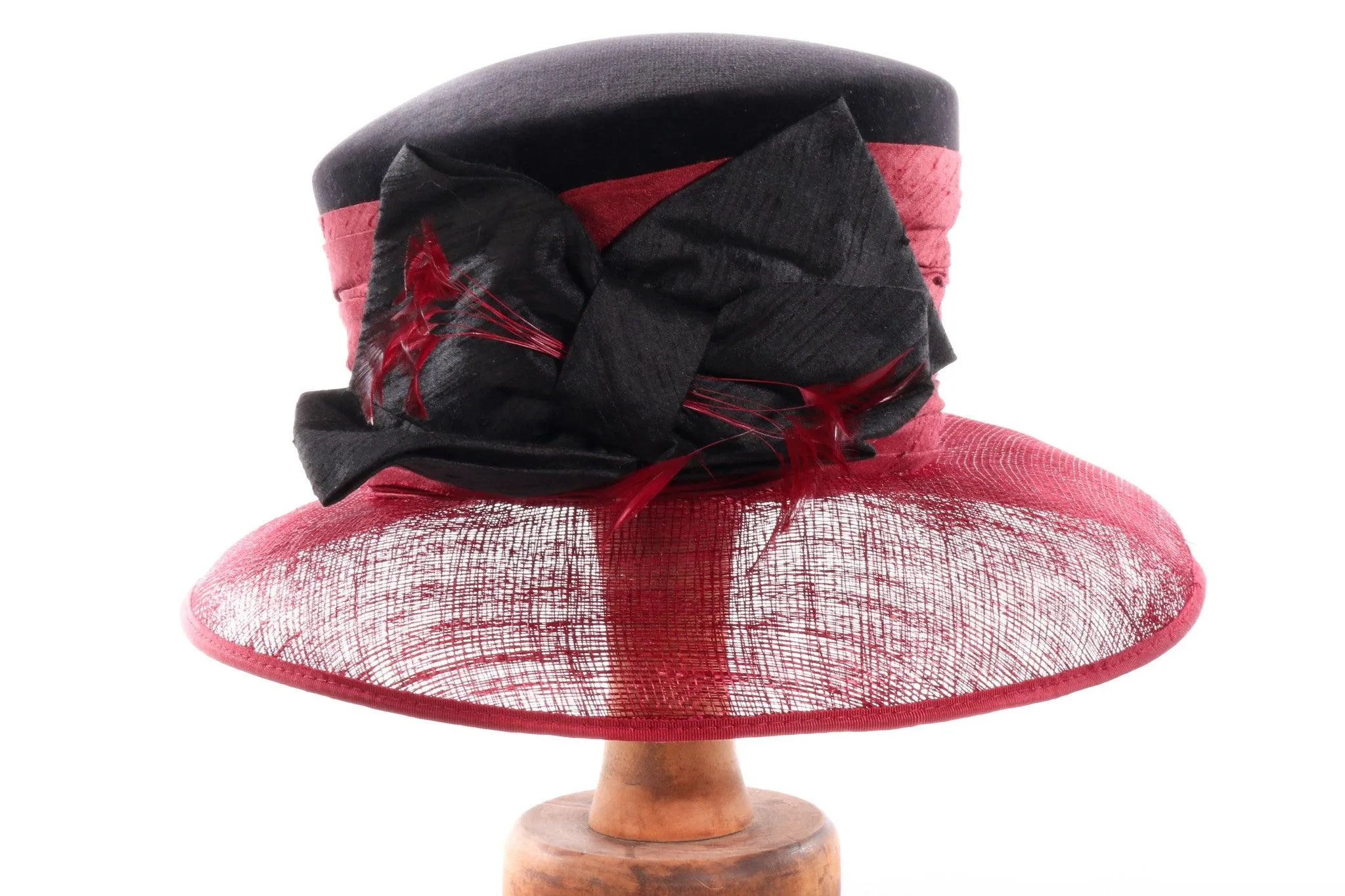 Burgundy and Black Formal Hat with Velvet Crown and Sinamay Brim 55.5cm