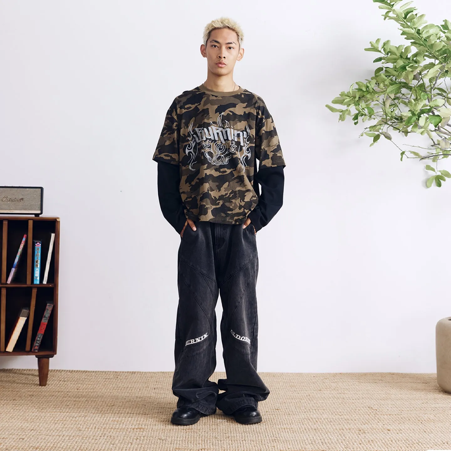 BURNIN* “97’series” worn fire pattern fake two-piece T-shirt