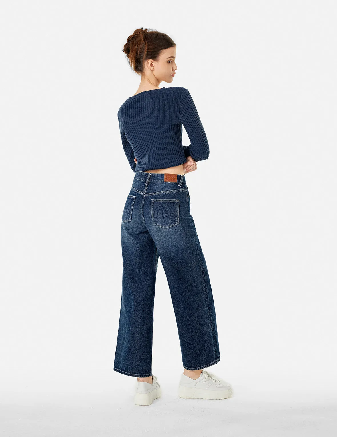 Butterfly and Seagull Embroidery Wide-leg Jeans