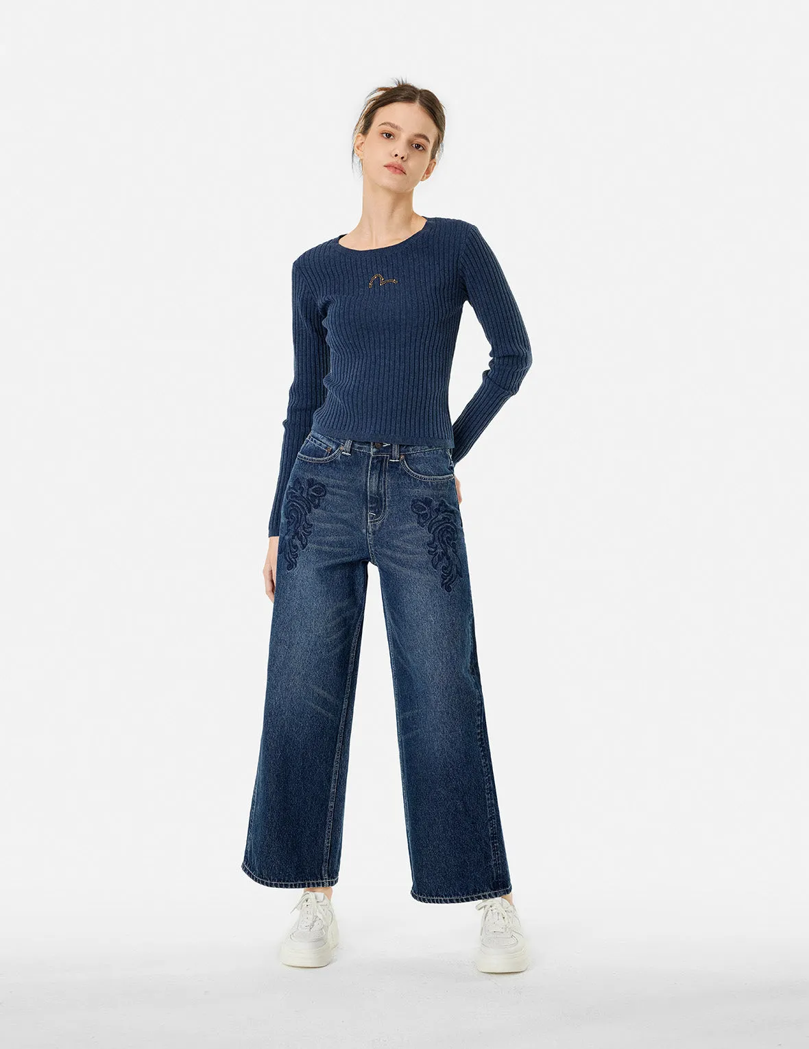 Butterfly and Seagull Embroidery Wide-leg Jeans