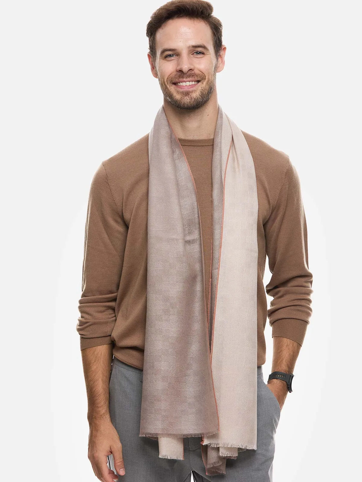 Camel Checkered Mens Cashmere Scarf