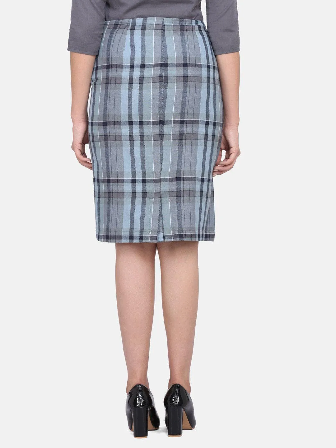 Checkered Straight Cotton Skirt - Grey