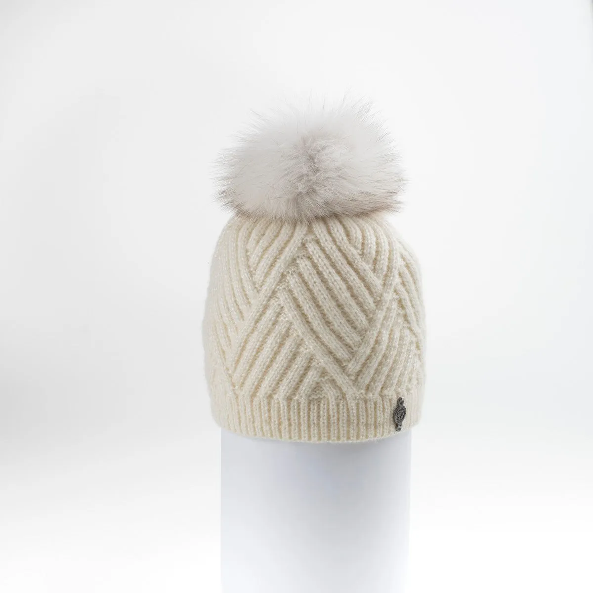 CHEVRON BEANIE WITH UPCYCLED FUR POM