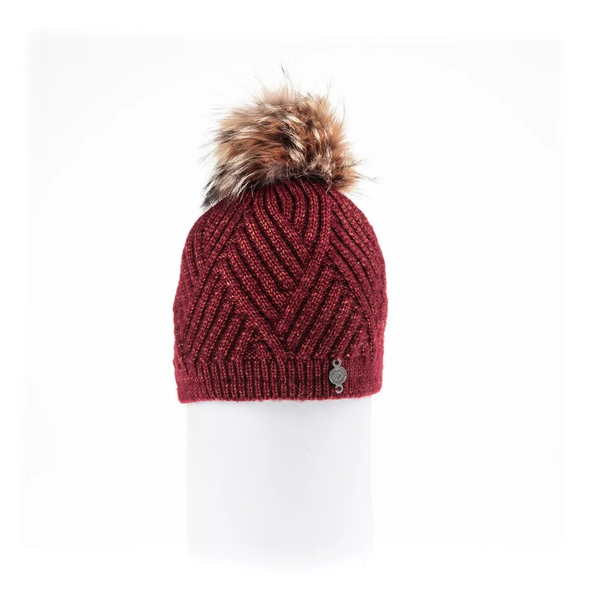 CHEVRON BEANIE WITH UPCYCLED FUR POM