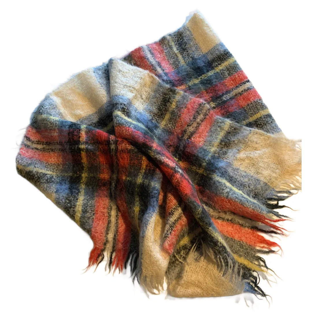 Classic Plaid Mohair Wide Fringed Winter Scarf circa 1960s