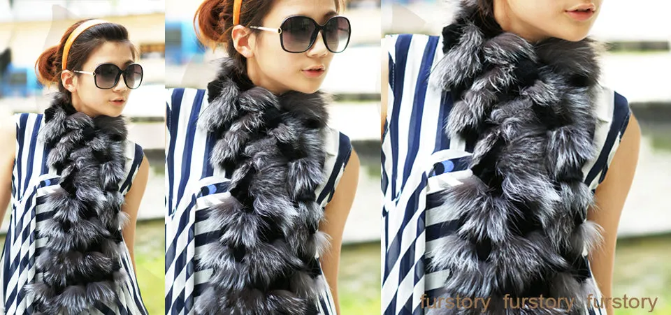 Cut Silver Fox Fur C/w Rex Rabbit Fur Scarf Wrap Cape Shawl Best Christmas Gift Silver Gray Color FS050202S