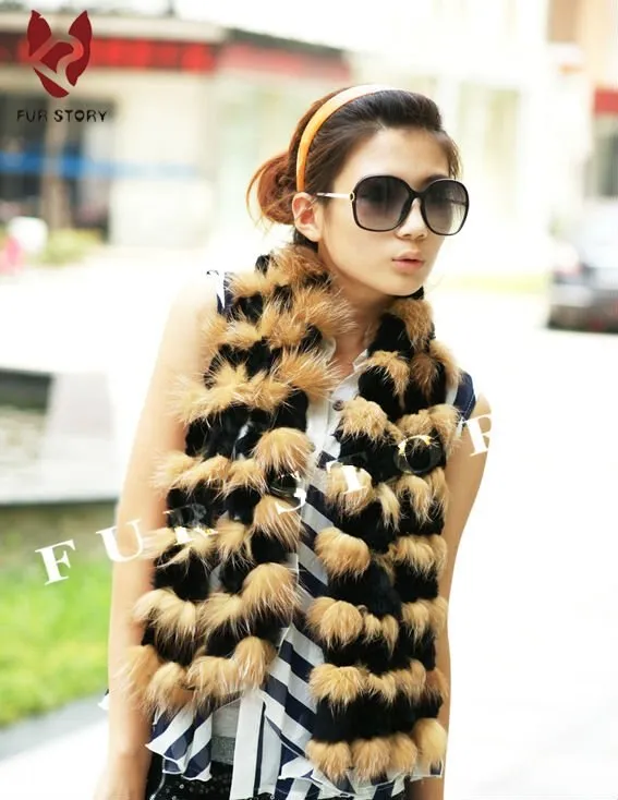 Cut Silver Fox Fur C/w Rex Rabbit Fur Scarf Wrap Cape Shawl Best Christmas Gift Silver Gray Color FS050202S