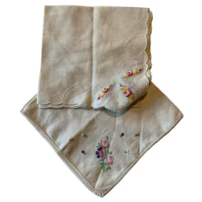 Dainty Floral Cross Stitched Handkerchiefs Lot 2 circa 1940s