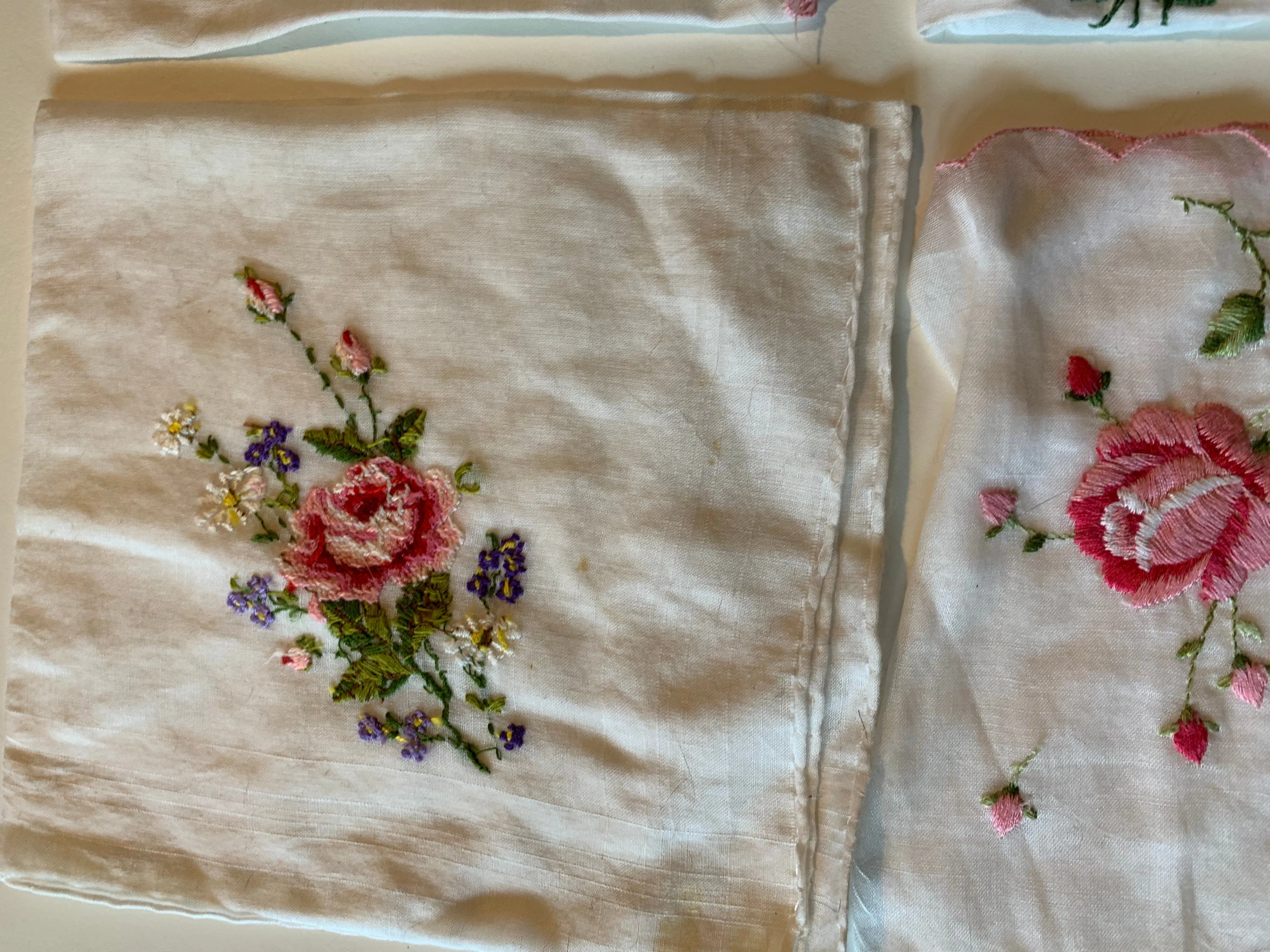 Dainty Floral Cross Stitched Handkerchiefs Lot 2 circa 1940s