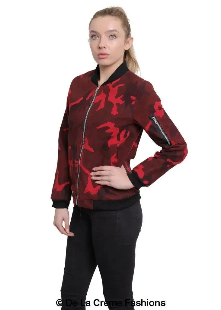 De La Creme - Womens Camo Zip-Thru Varsity Bomber Jacket