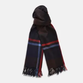 Deep Navy and Rich Brown Check Cashmere Scarf