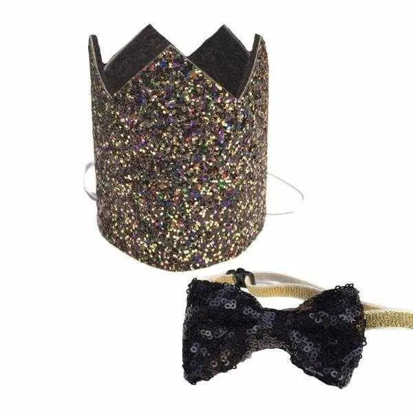 Dog Birthday Crown & Bow Tie Collar - Black/gold/multi Custom Age