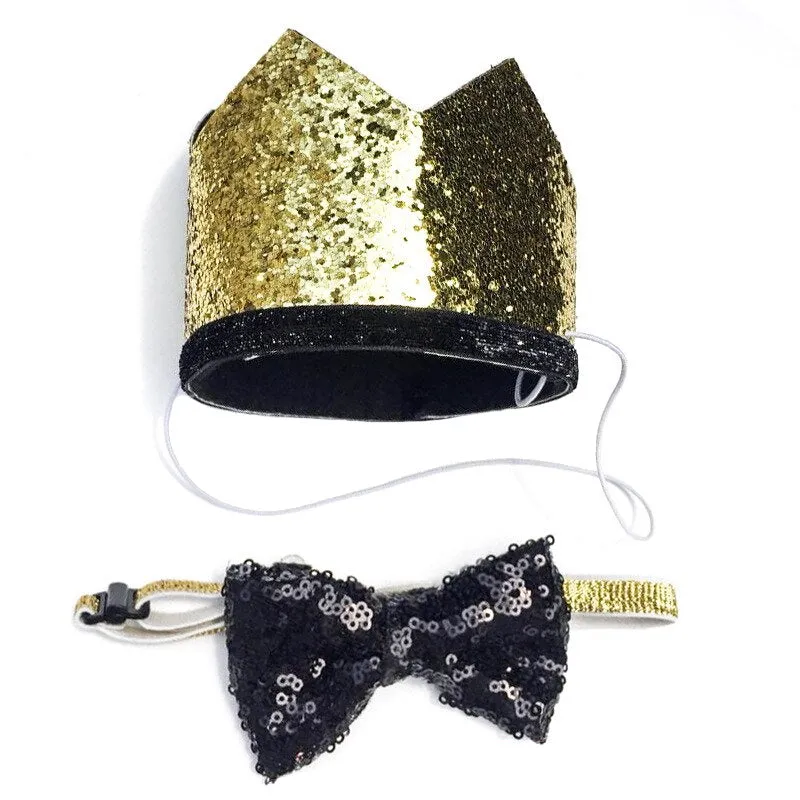 Dog Birthday Crown & Bow Tie Collar - Gold & Black with Custom Age