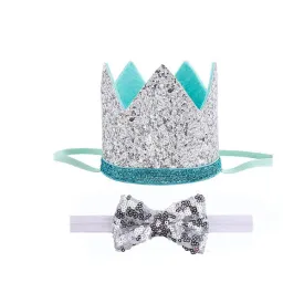 Dog Birthday Crown & Bow Tie Collar - Silver & Aqua