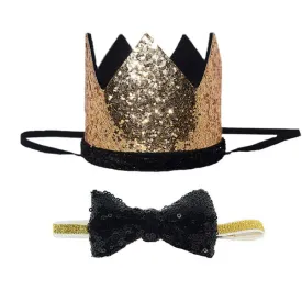 Dog Birthday Crown With Base & Bow Tie Collar - Gold & Black