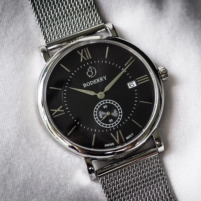 ELEGANT - Swiss Quartz Movement Watch | Silver & Black Dial