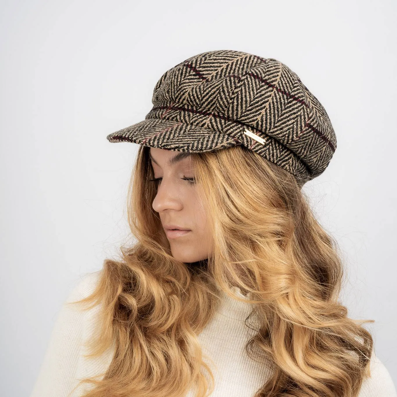 Elena Herringbone Tweed Baker Boy - Bourbon