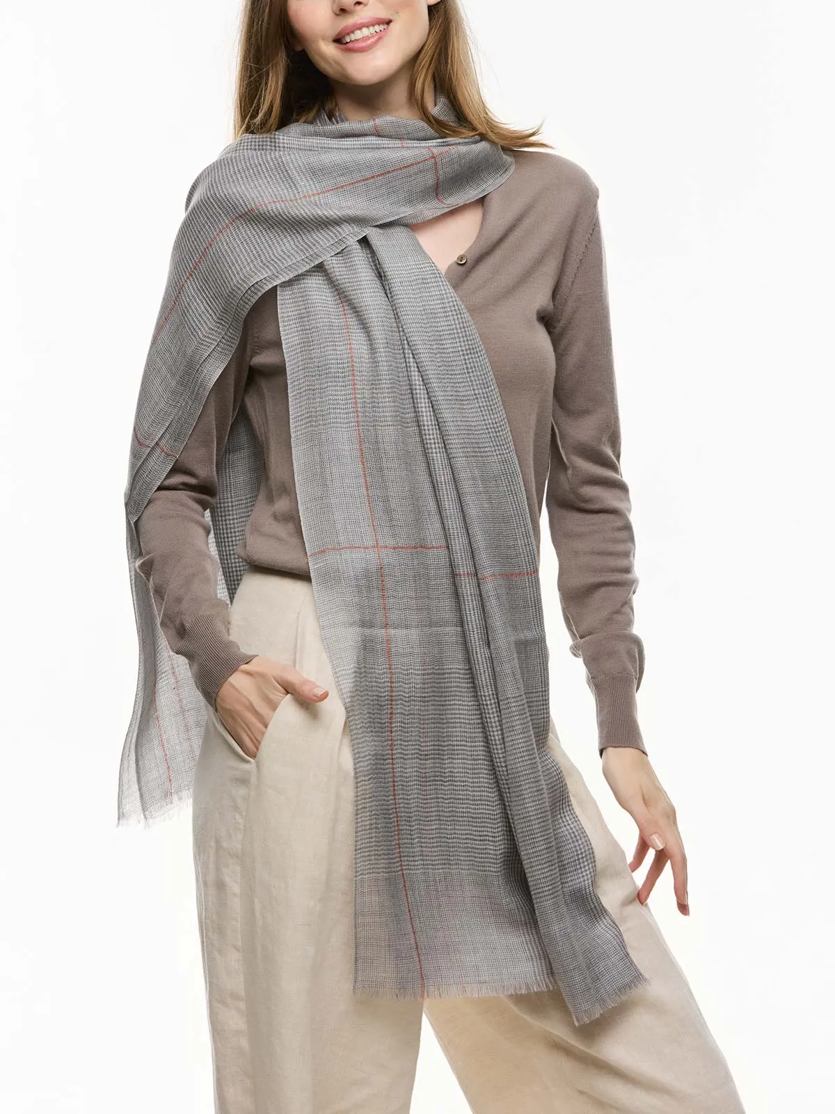 Featherlight Light Gray Plaid Cashmere Scarf