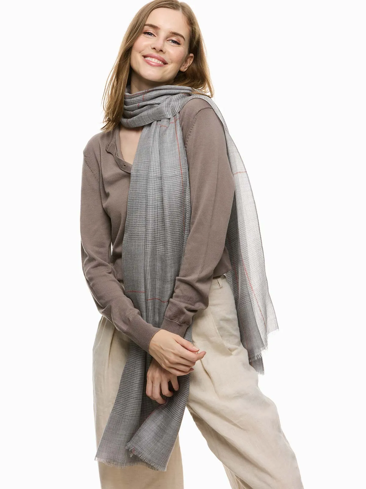 Featherlight Light Gray Plaid Cashmere Scarf