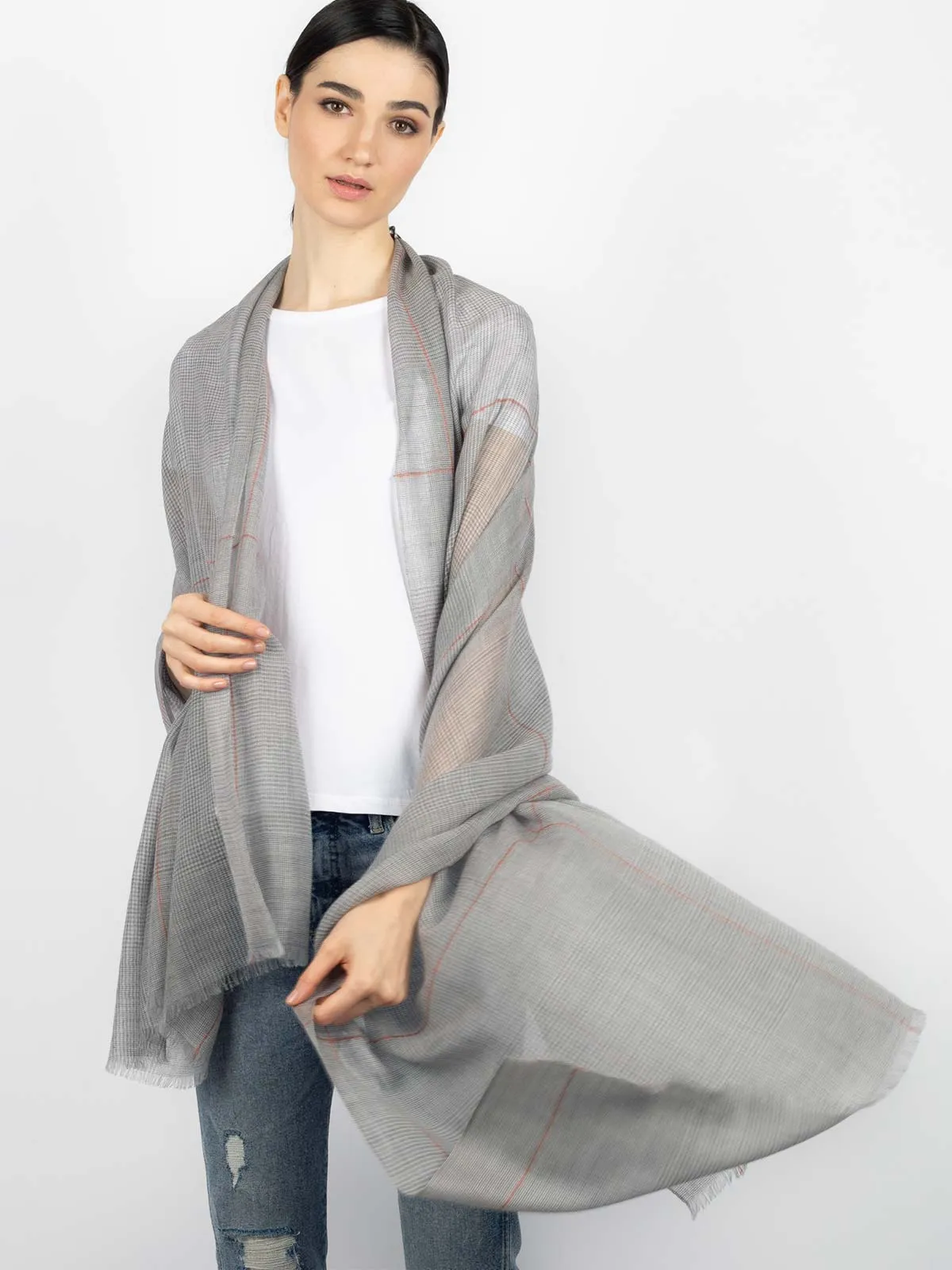 Featherlight Light Gray Plaid Cashmere Scarf