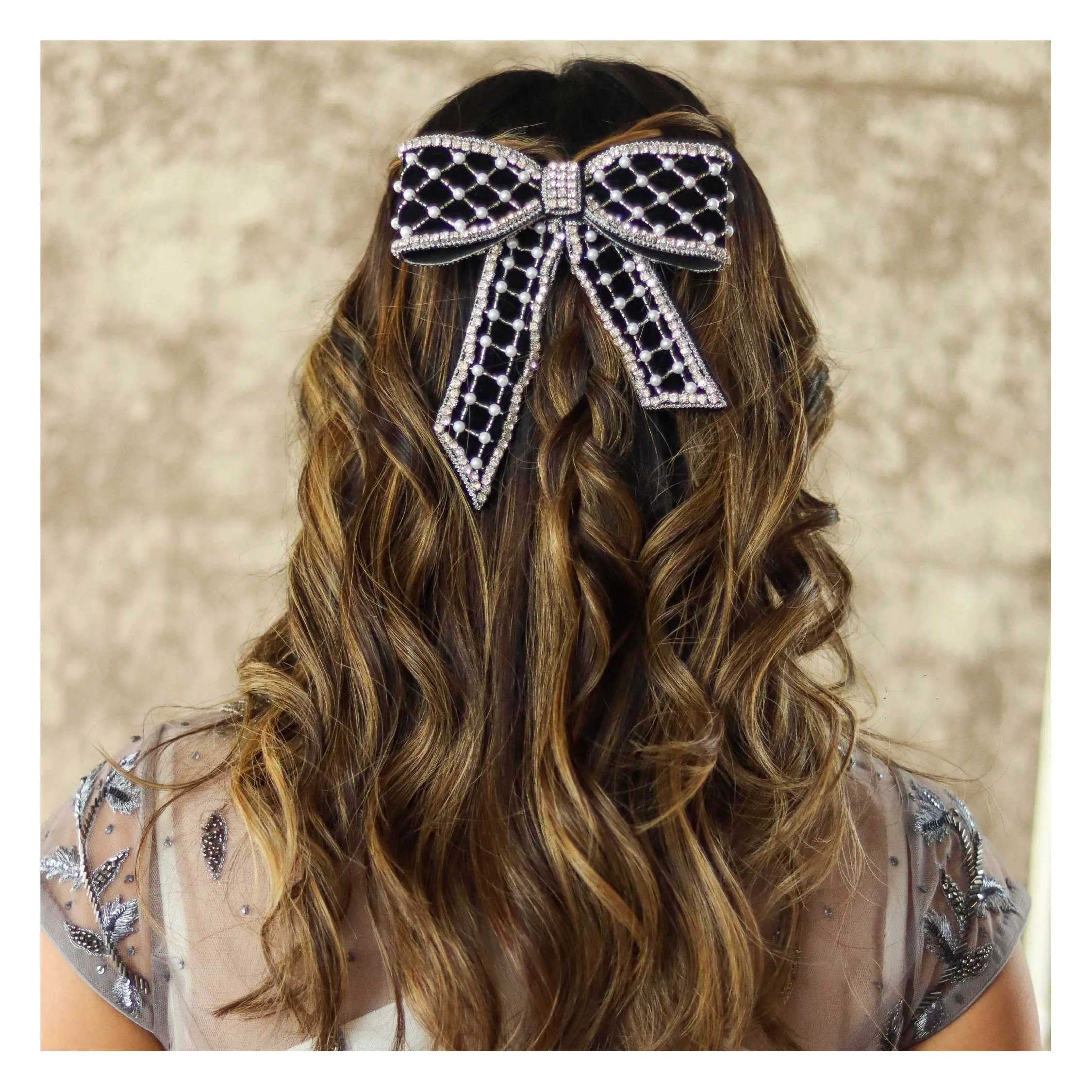 Hair Drama Co Embellished Velvet Hair Bow Barrette Clip - Black