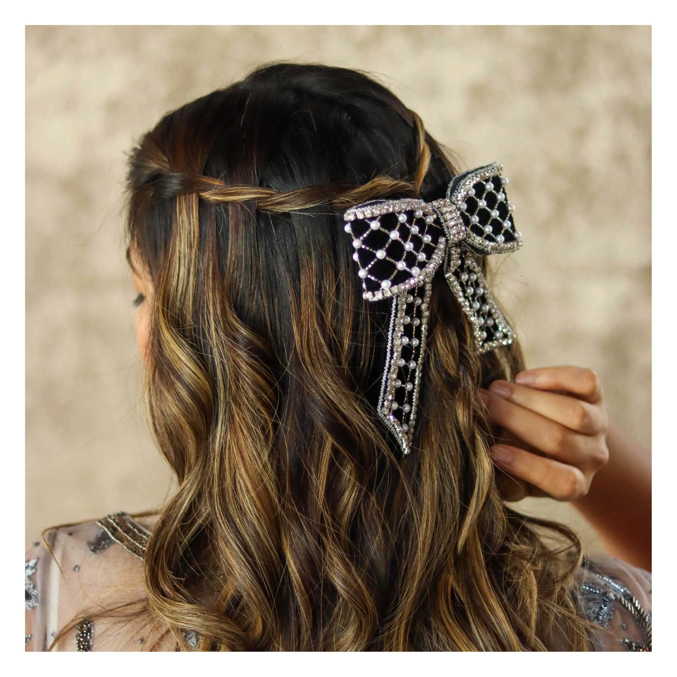 Hair Drama Co Embellished Velvet Hair Bow Barrette Clip - Black