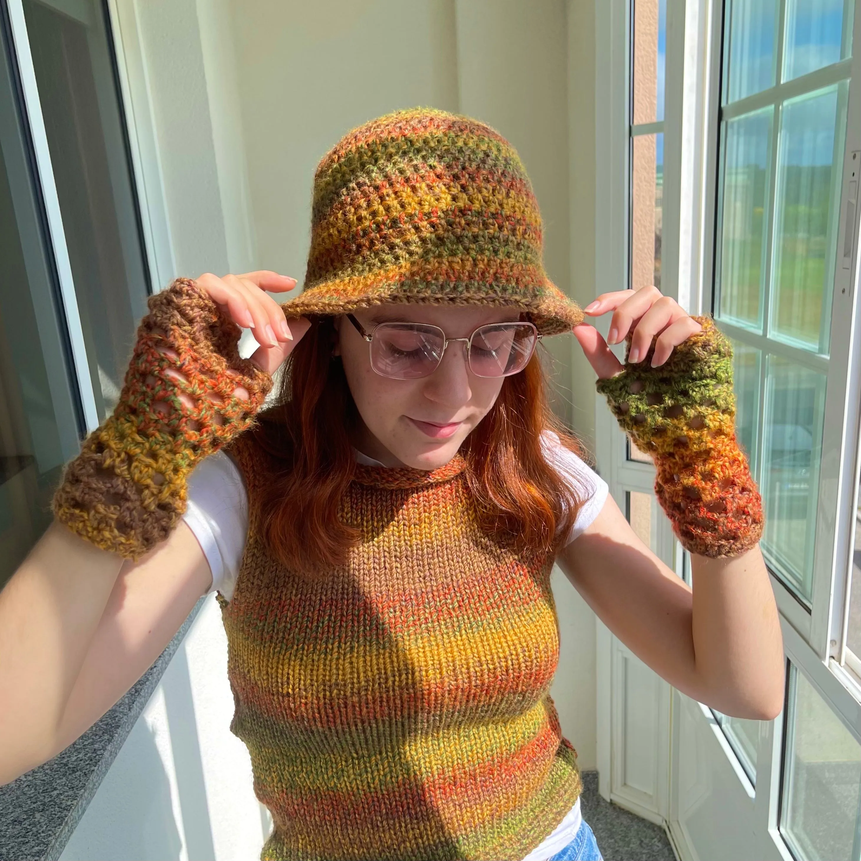 Handmade crochet bucket hat in earth tones colourway