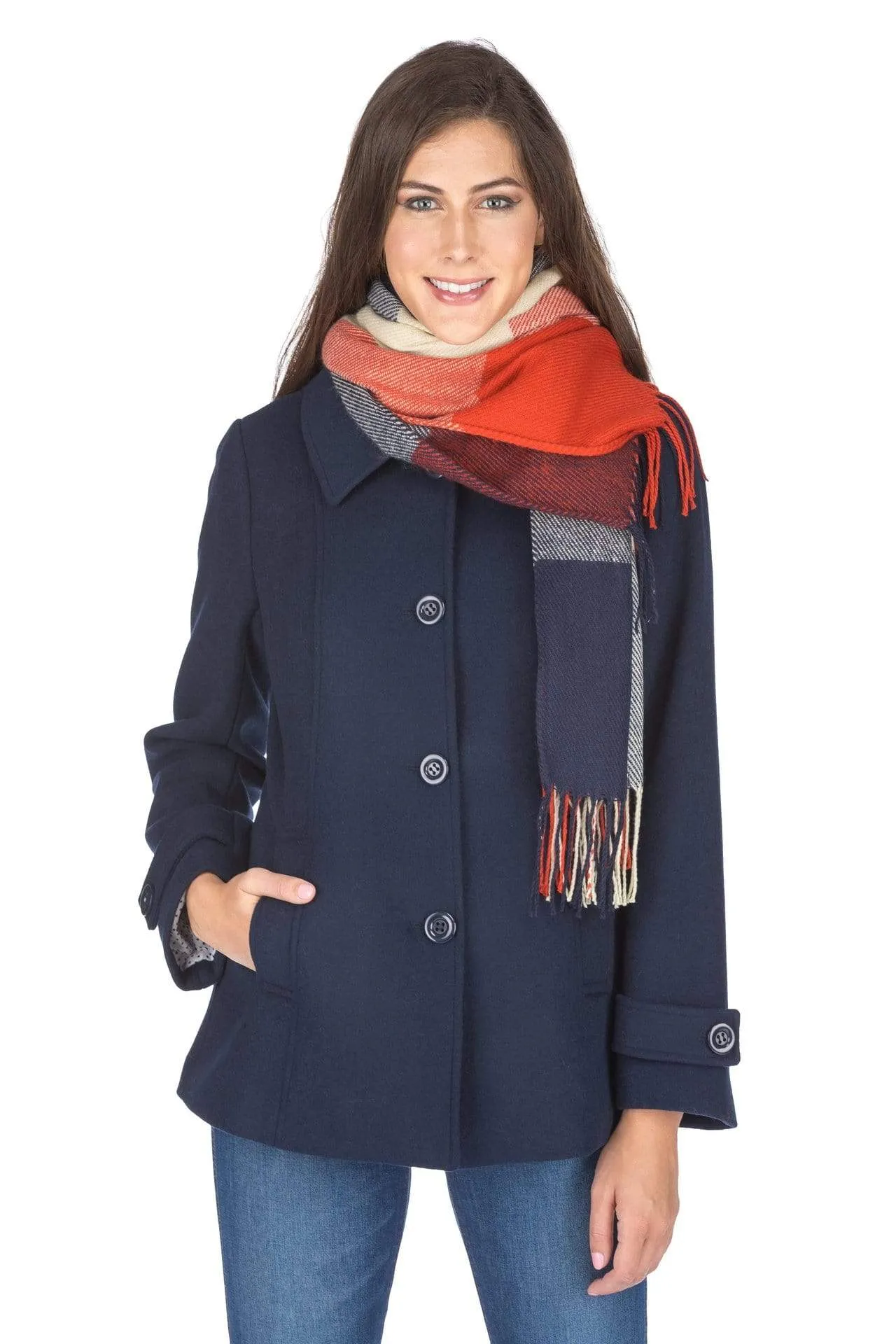 Haute Edition Women's Short Length Wool Blend Car Coat with Free Scarf