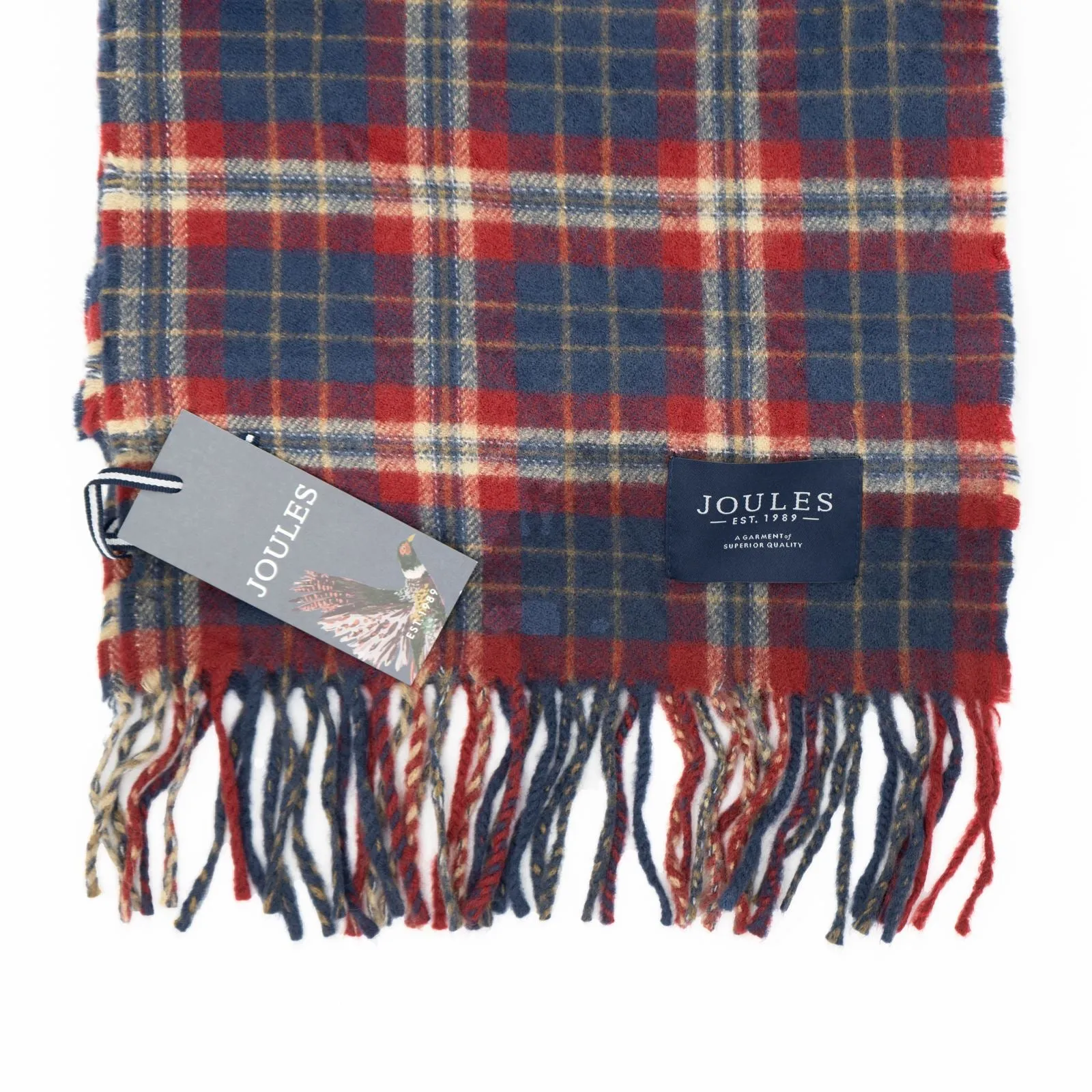 Joules Check Red Brushed Wool Mix Tytherton Scarf for Men