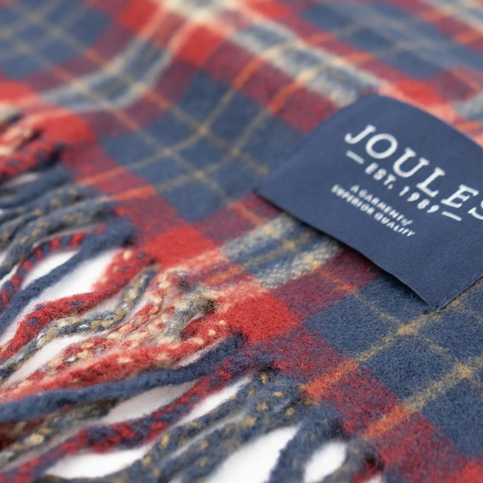 Joules Check Red Brushed Wool Mix Tytherton Scarf for Men